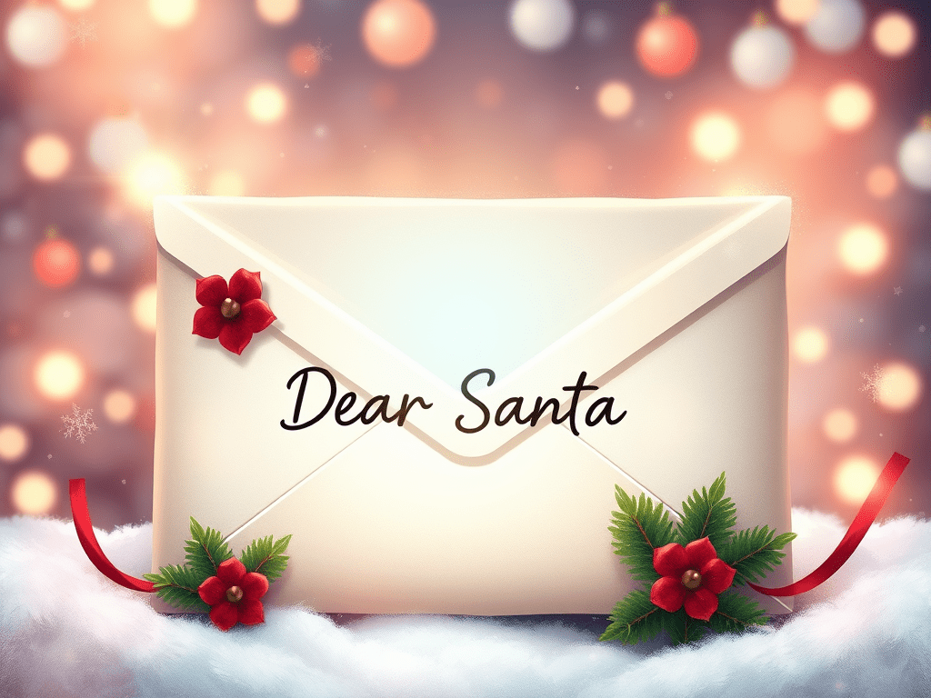 A cream envelope labeled 'Dear Santa' with festive decorations.